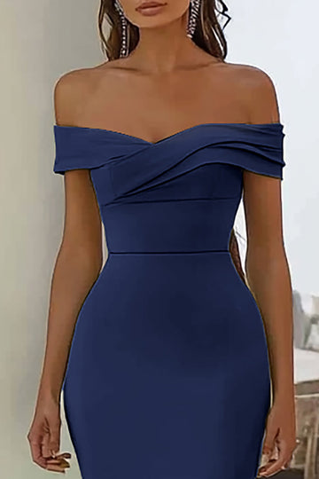 Navy Mermaid Satin Off the Shoulder Long Formal Dress